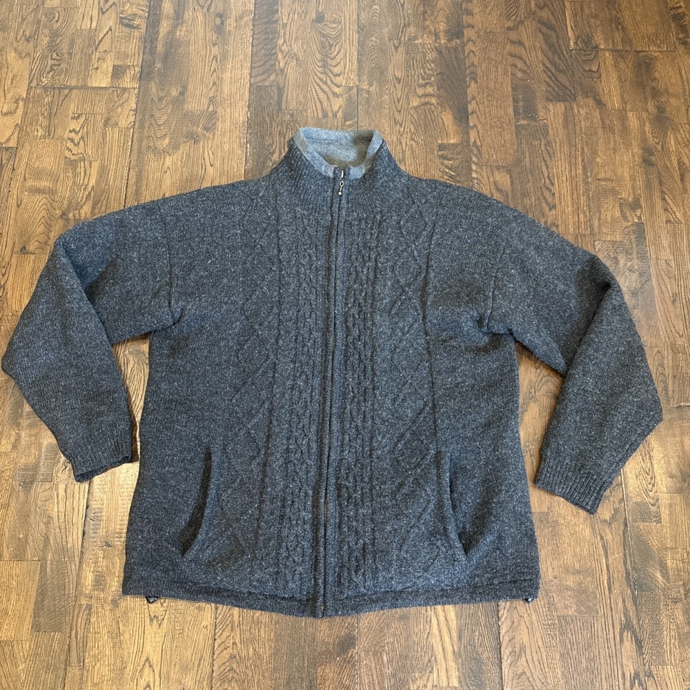 Carraig Donn Ireland Full‑Zip Fisherman Sweater Dark Gray 100% Shetland Wool L